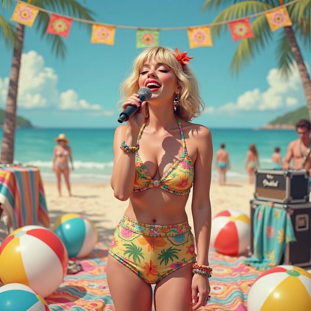 B-52s Singer at Beach Party in Whimsical Style