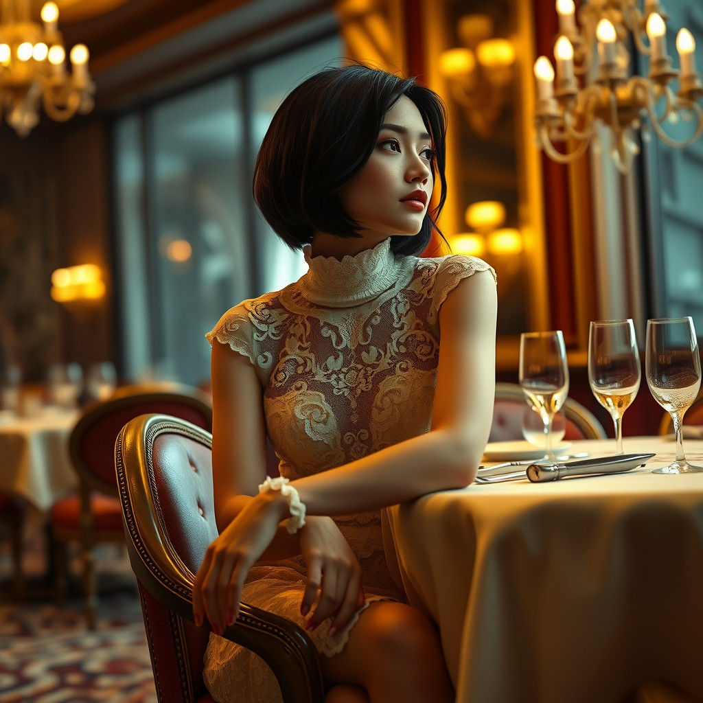 Woman in Elegant Yellow Lace and Ruffles in Intimate, Cinema...