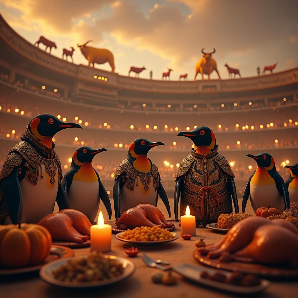 Steampunk Penguins in Matador Attire at Lavish Bullfighting...