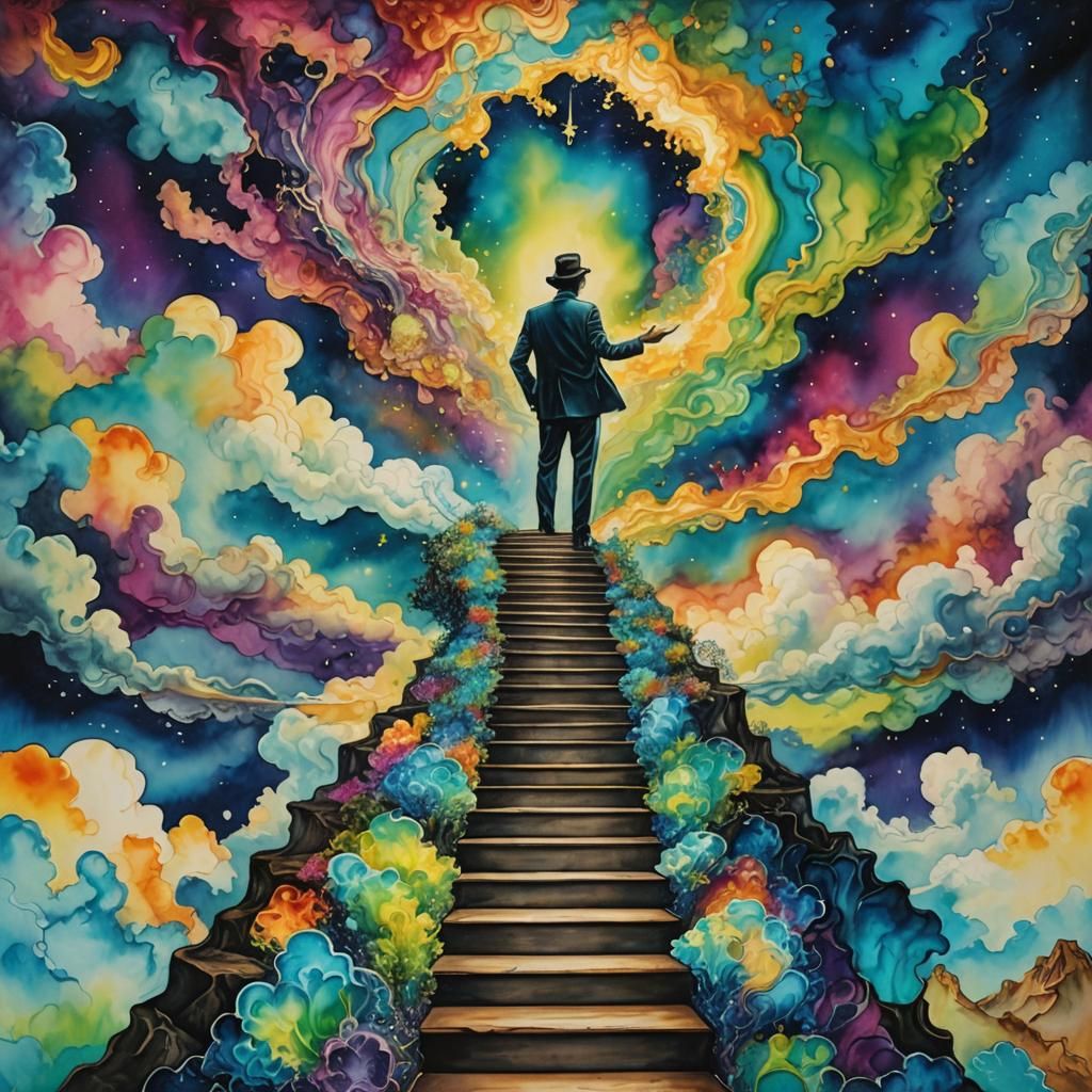 Surreal Stairway to Heavenly Realms in Vibrant Aesthetic