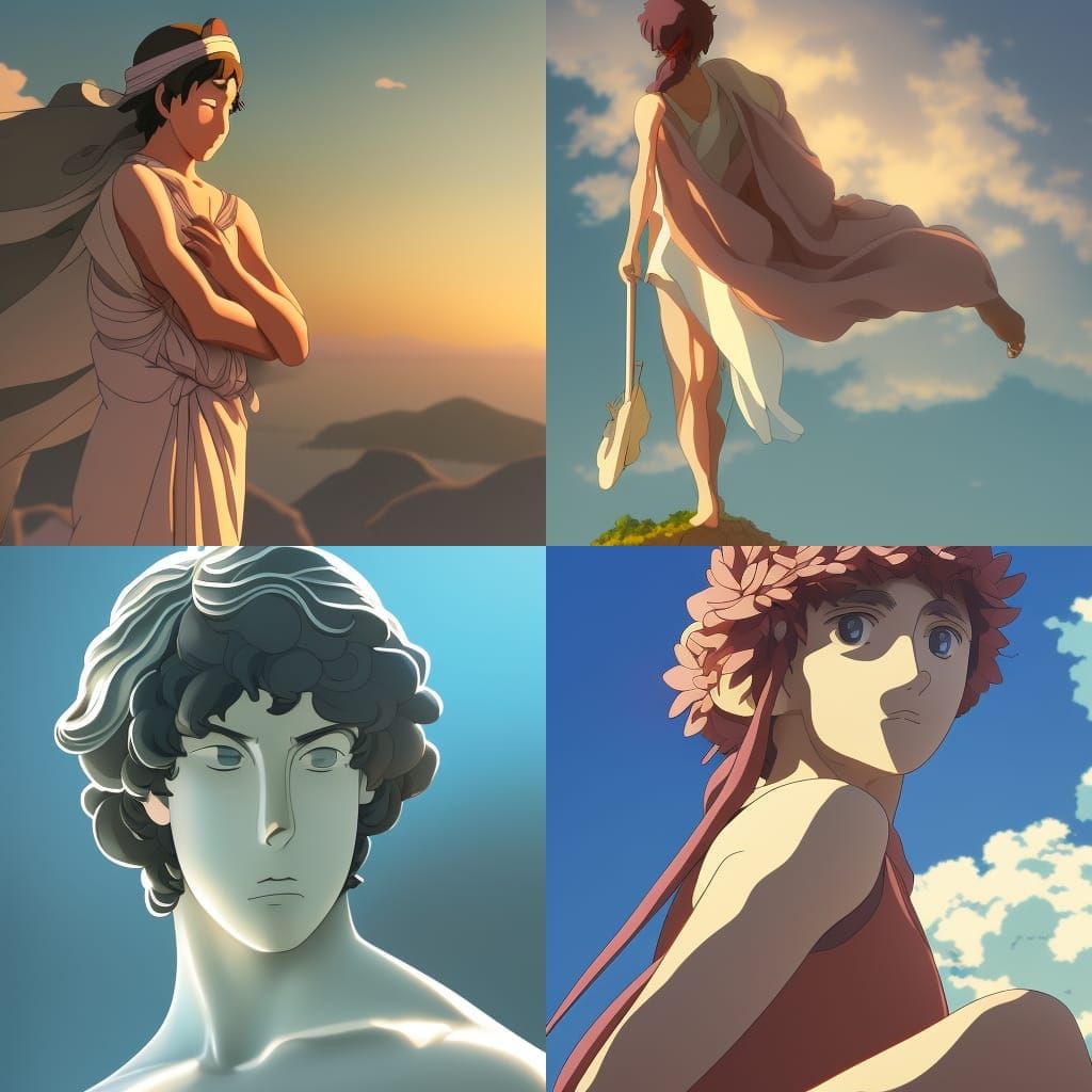 Intricate Ancient Greek Statue in Vibrant Anime Style
