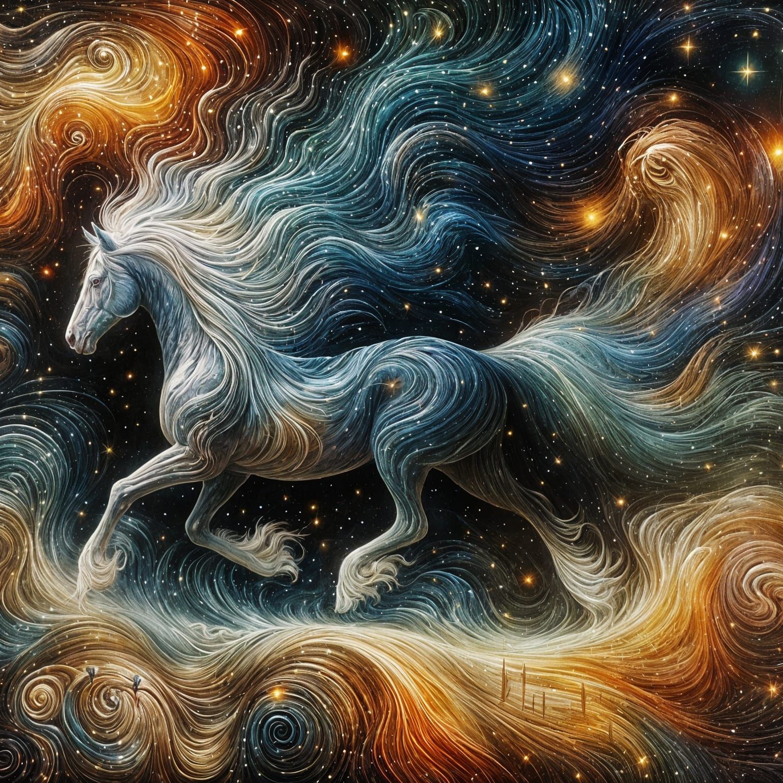 Iridescent Cosmic Horse Galloping Through Starry Void