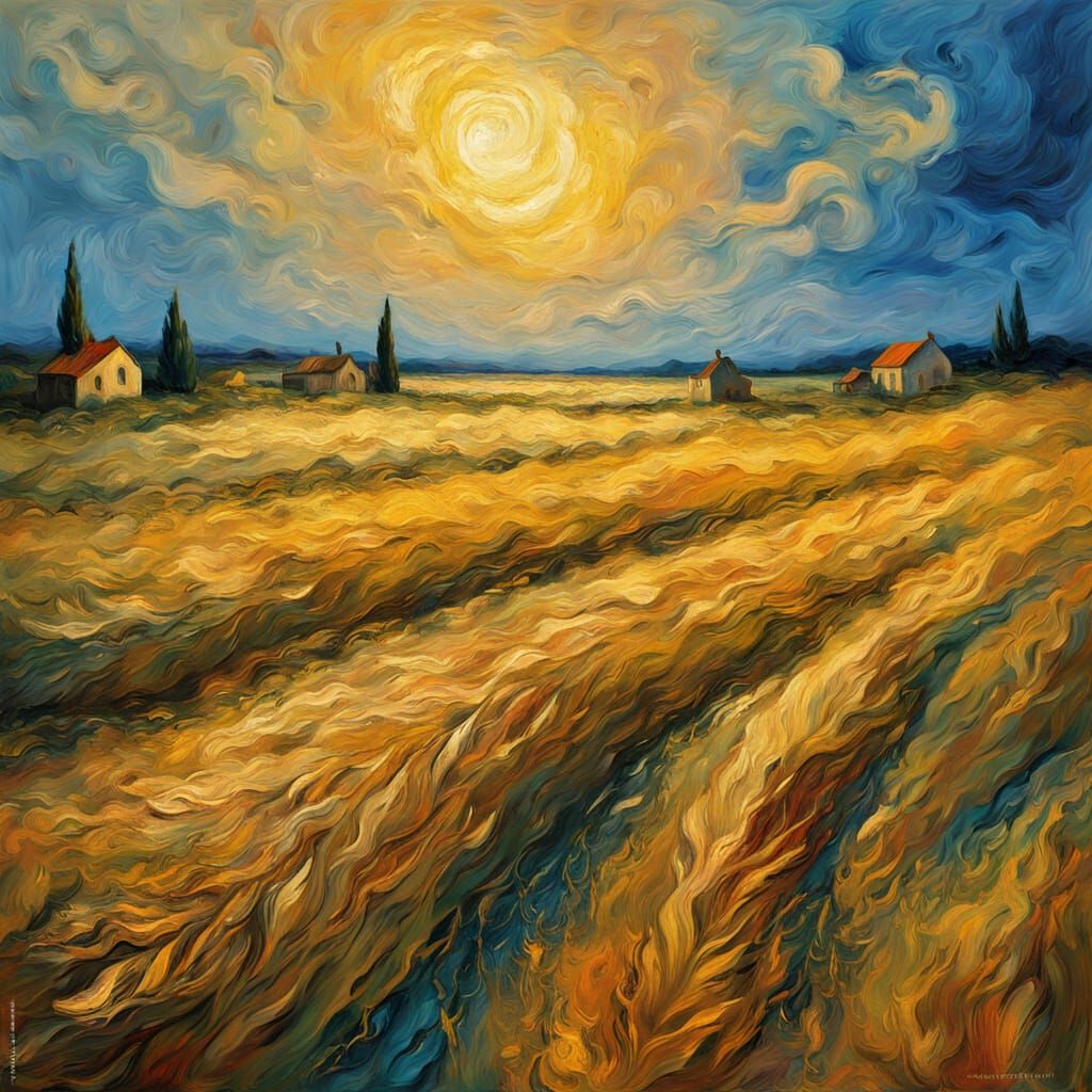 Vast Wheatfield Under Swirling Sky in Turner Van Gogh Style