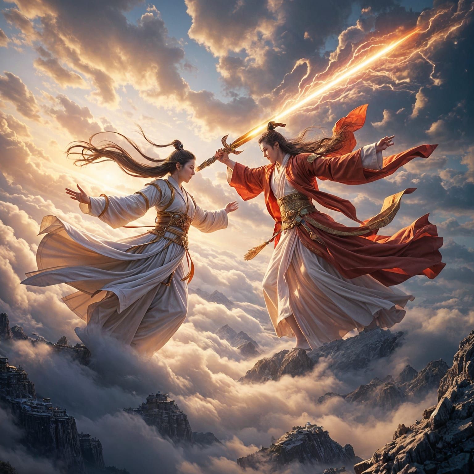 Daoist Immortals Battle in Sky Above Mountains