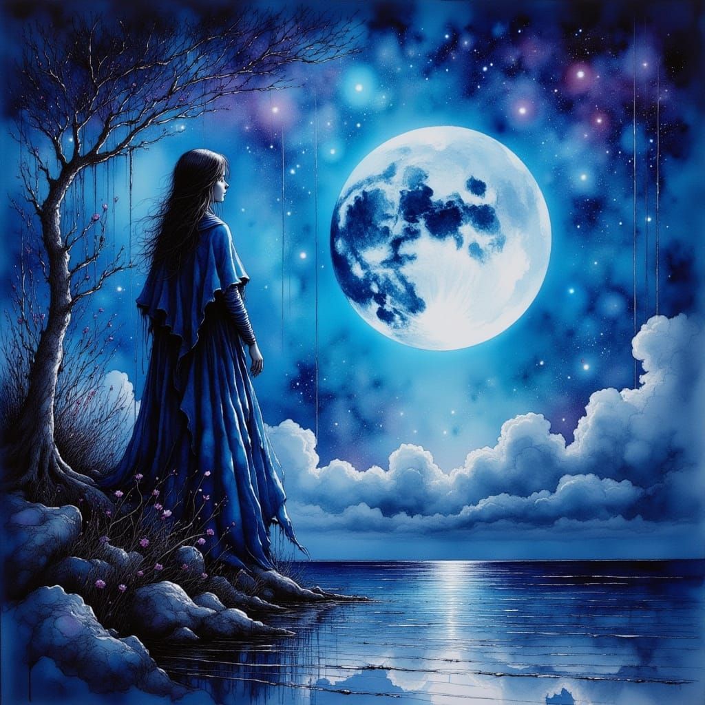 Mystical Woman Surrounded by Ghostly Wolves Under Full Moon
