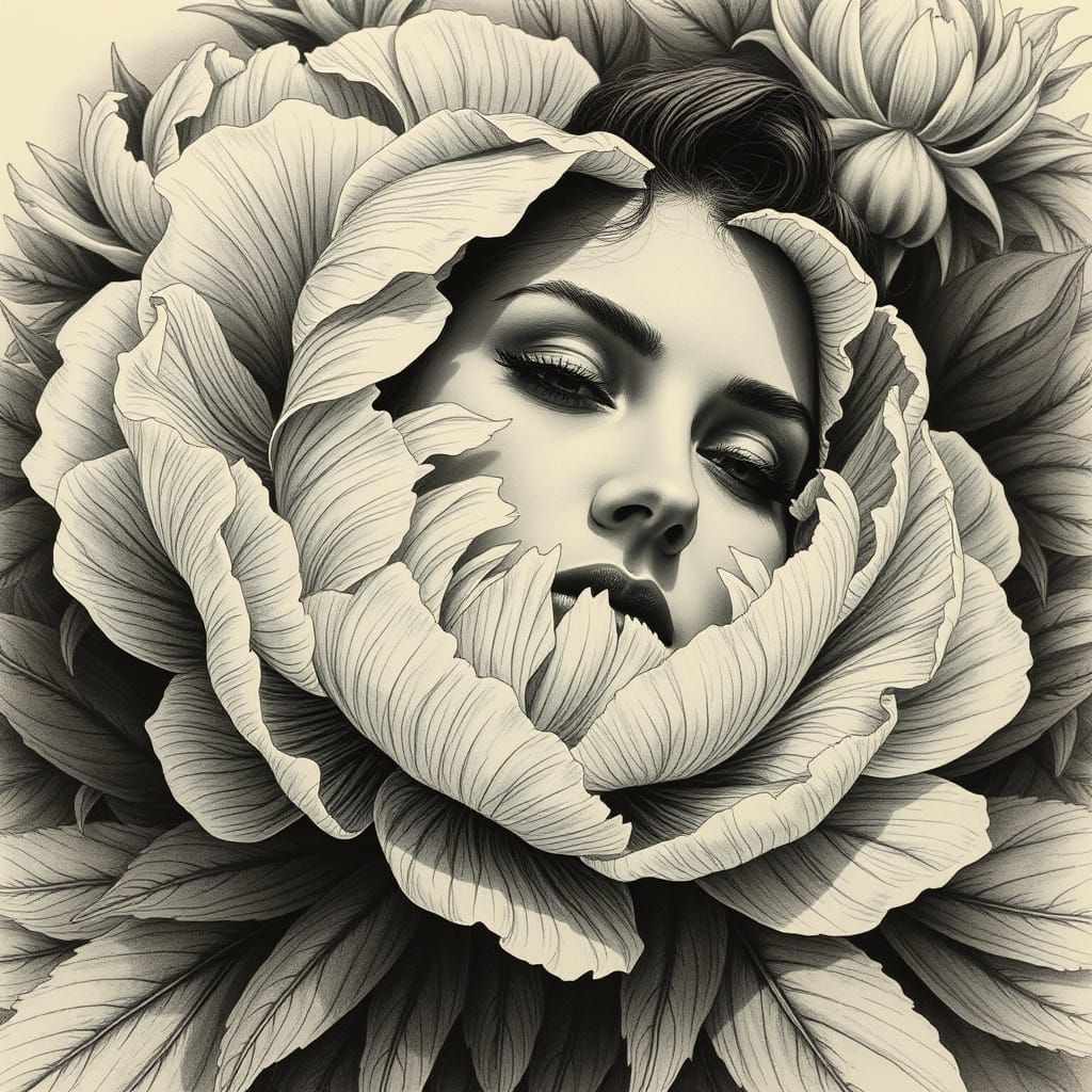 Woman in a Blooming Peony Garden Scene, in Intricate Etching...