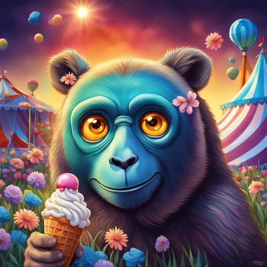Surreal Circus Monkey Enjoys Ice Cream on a Sunny Day in a V...