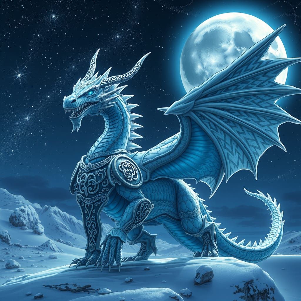 Snow Dragon in Celtic Armor Under Harvest Moon