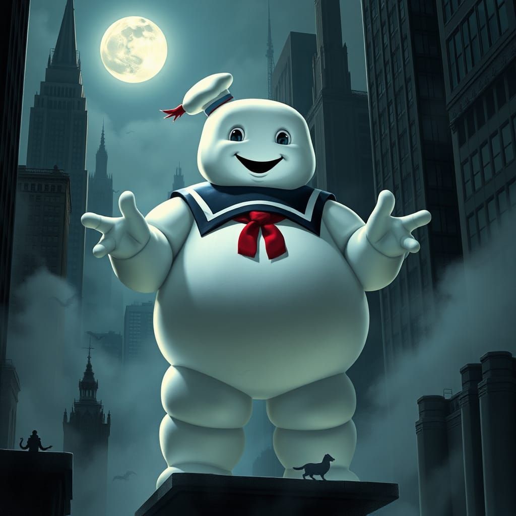 Ethereal Marshmallow Giant in Moonlit NYC