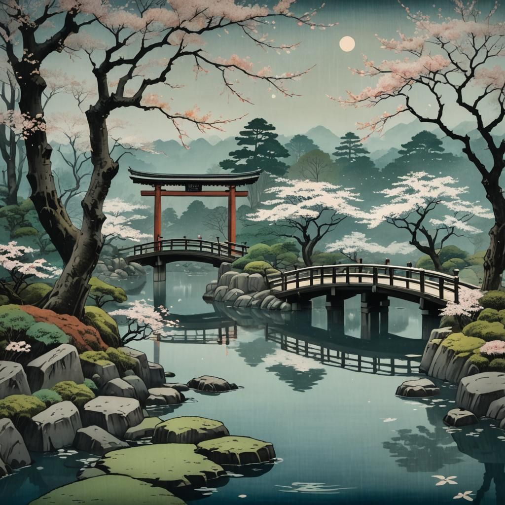 Traditional Japanese Garden Scene in Muted Pastels