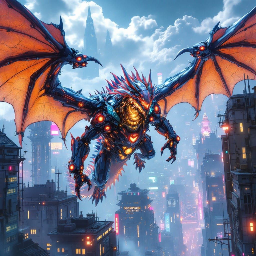 Cyborg Dragon Soaring Over Neon Cityscape