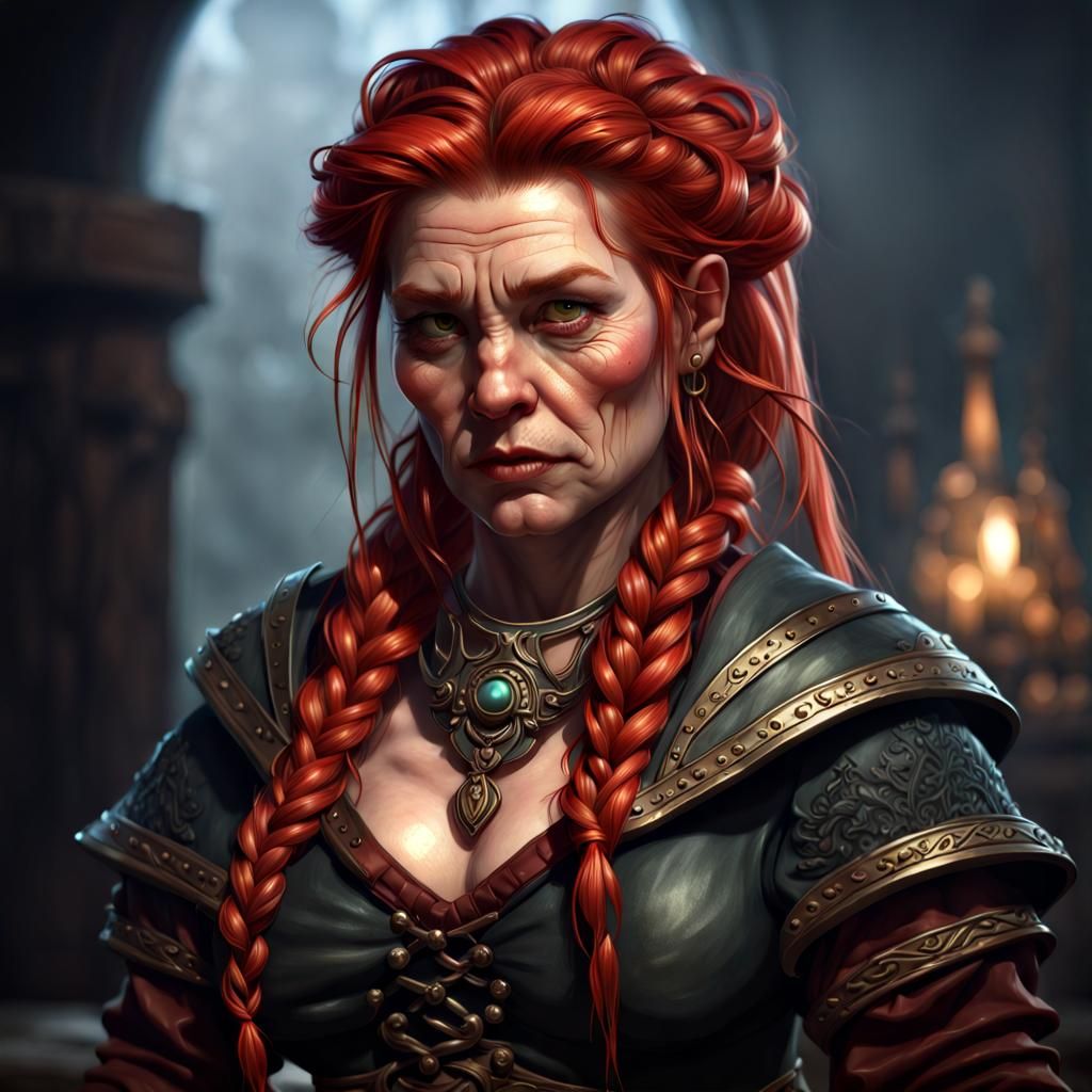 Grim Dark Fantasy Dwarf Maiden with Braided Red Hair in Orna...
