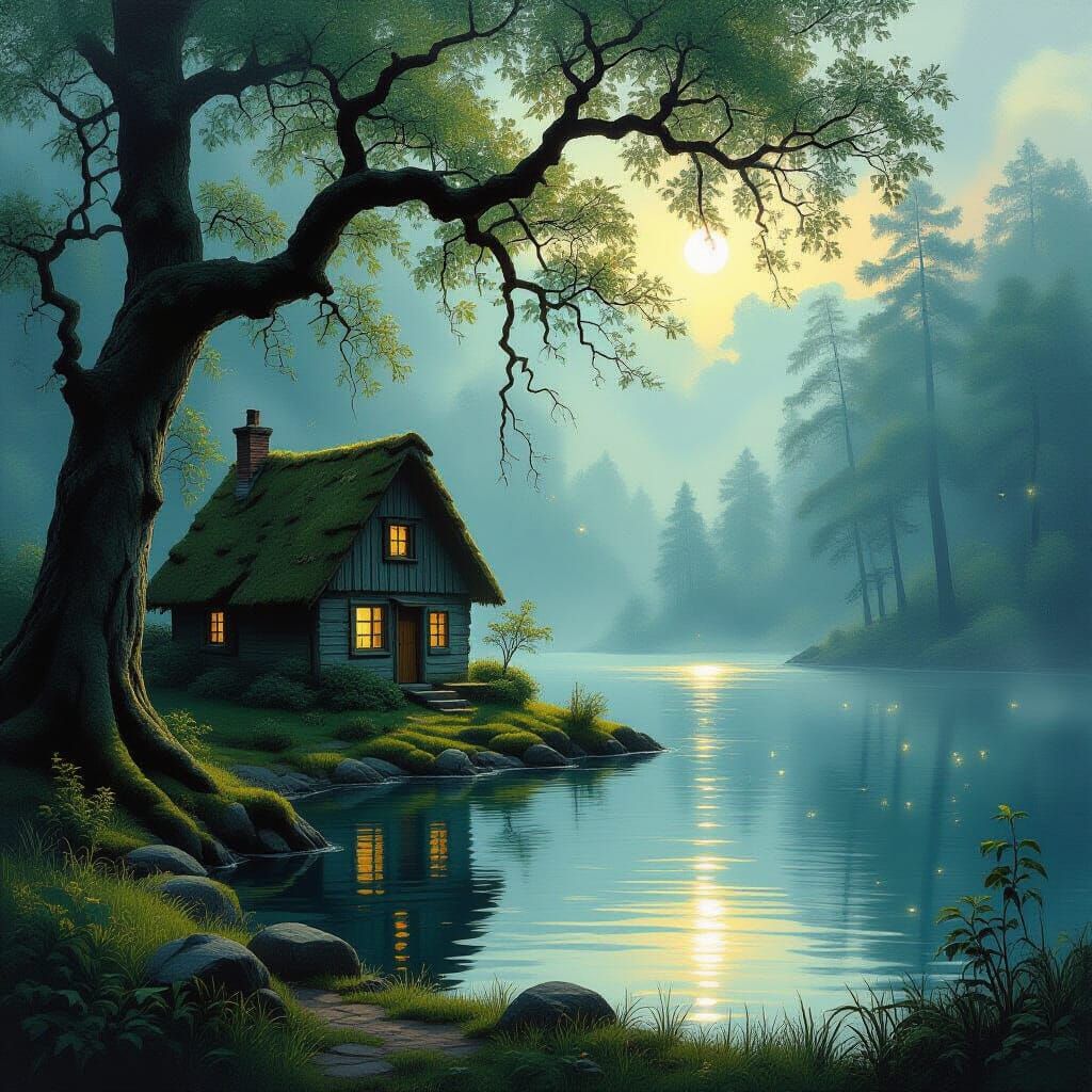A solitary cottage nestled beside a shimmering lake, surroun...