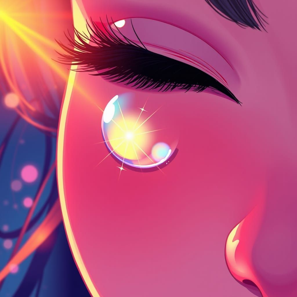Woman's Tear Reflecting Starburst in Webtoon Style