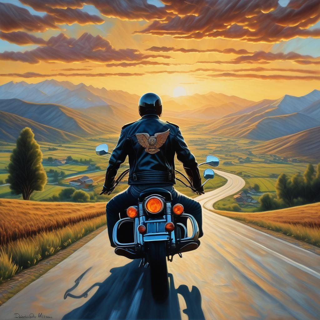 A Man Rides into Sunset as Oil Painting