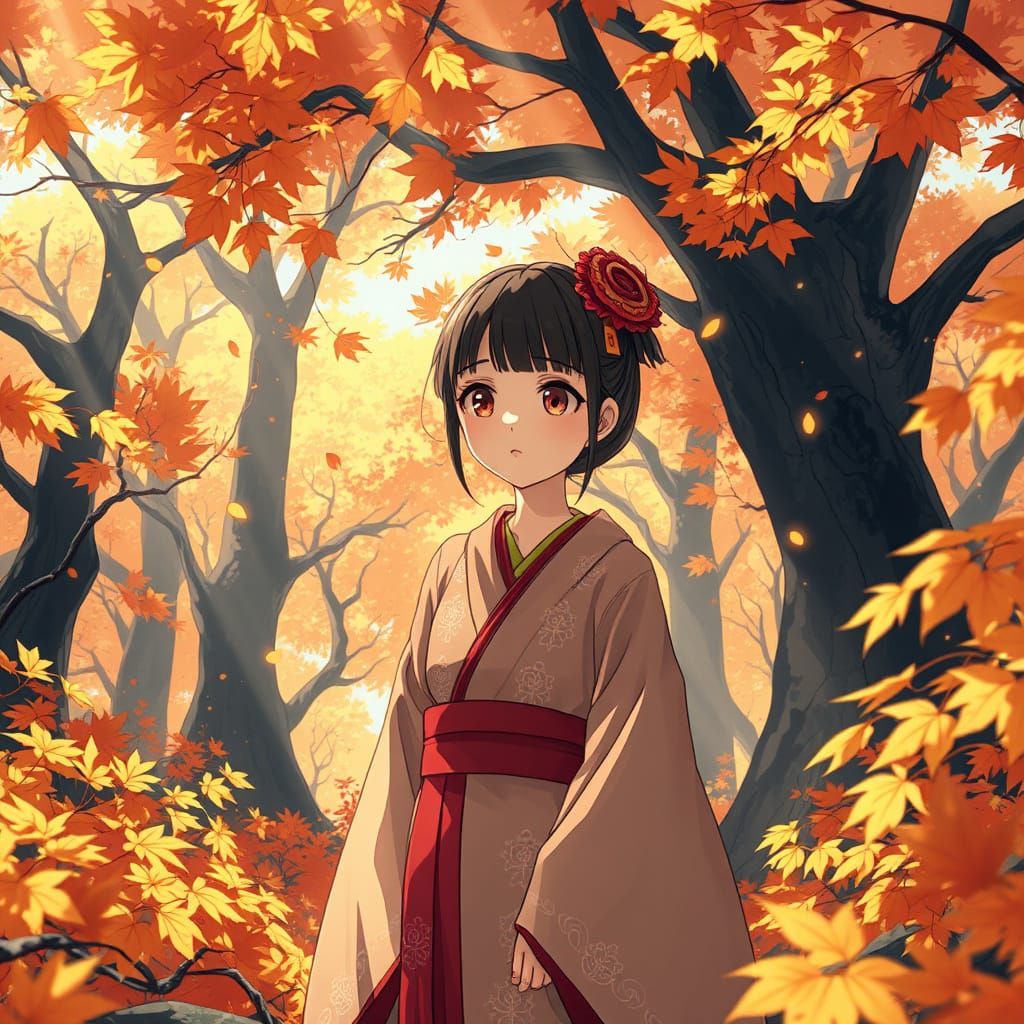 Serene Autumn Girl in Whimsical Forest Scene