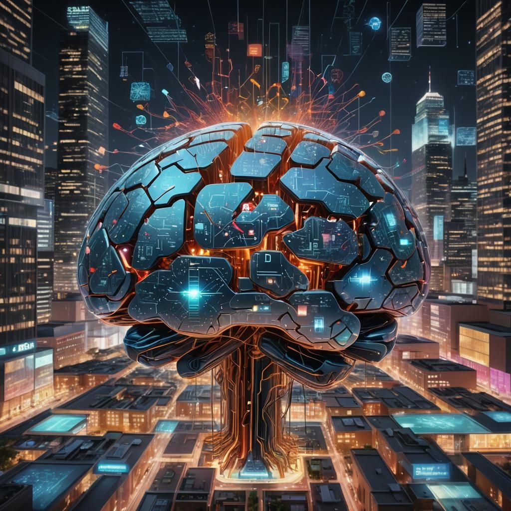 Glowing City Brain in Futuristic Nighttime Scene
