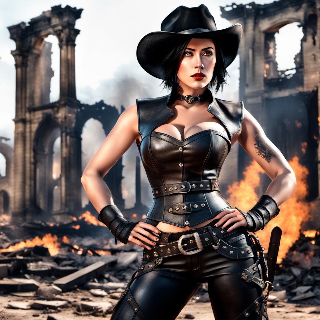 Dramatic Western Warrior in Flaming Ruins