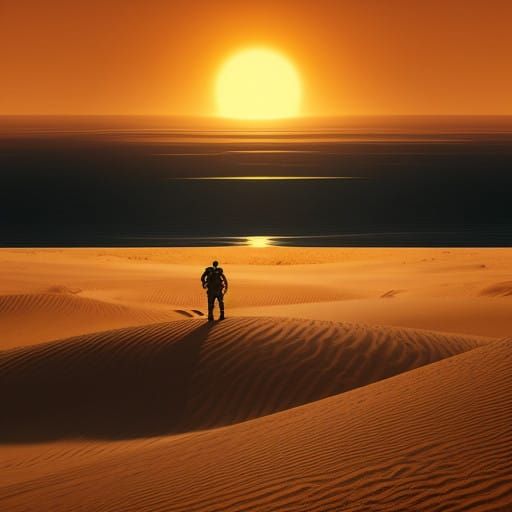 Arrakis Sunset: Lone Figure Amidst Golden Dunes