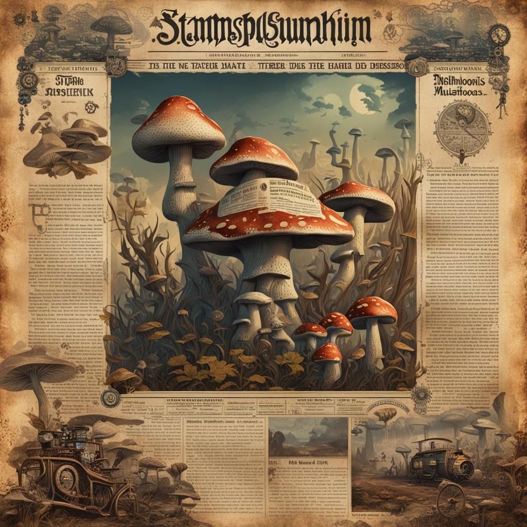 Vintage newspaper page, steampunk, illustrations, text, mush...