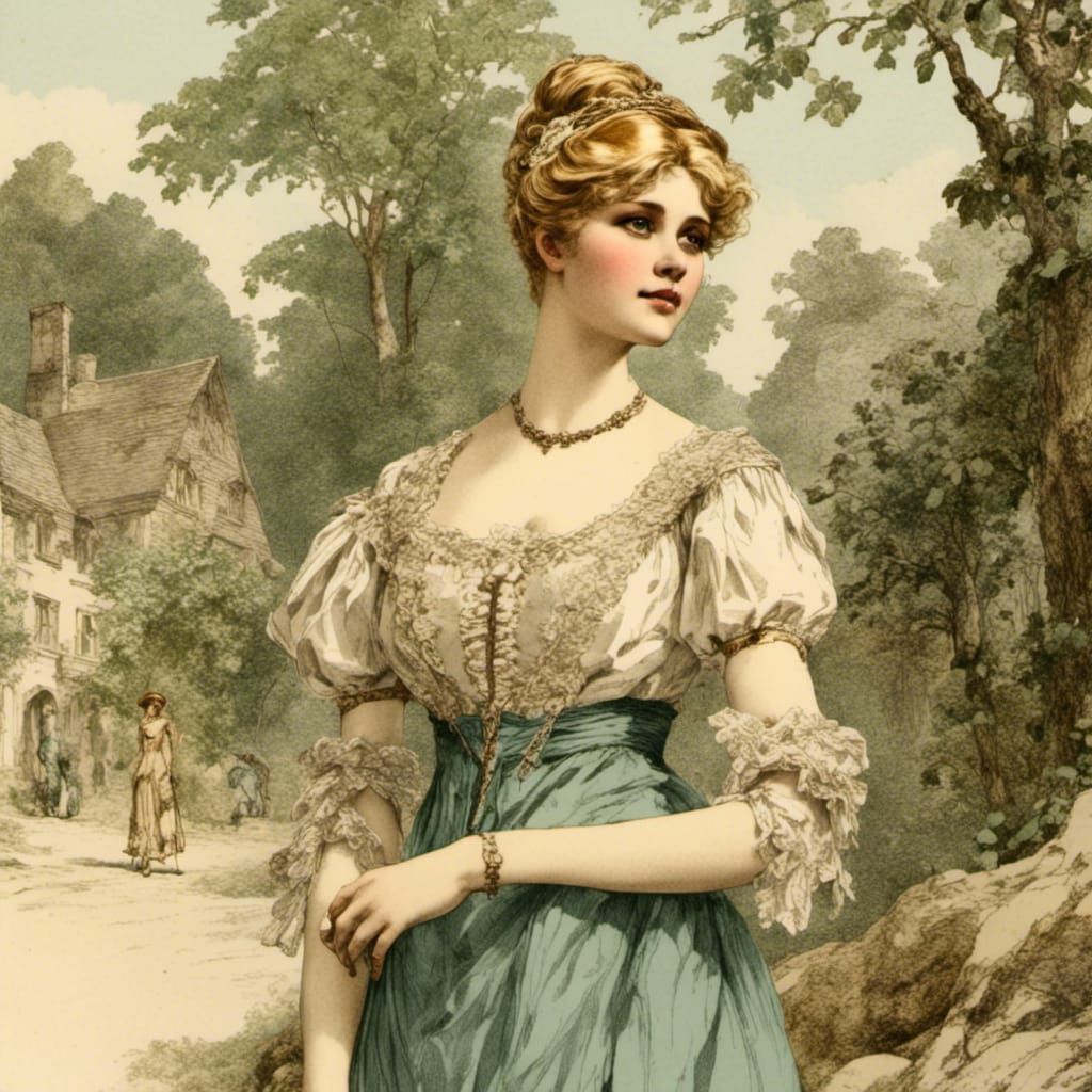 Elegant Regency Lady Strolls through a Charming Country Vill...