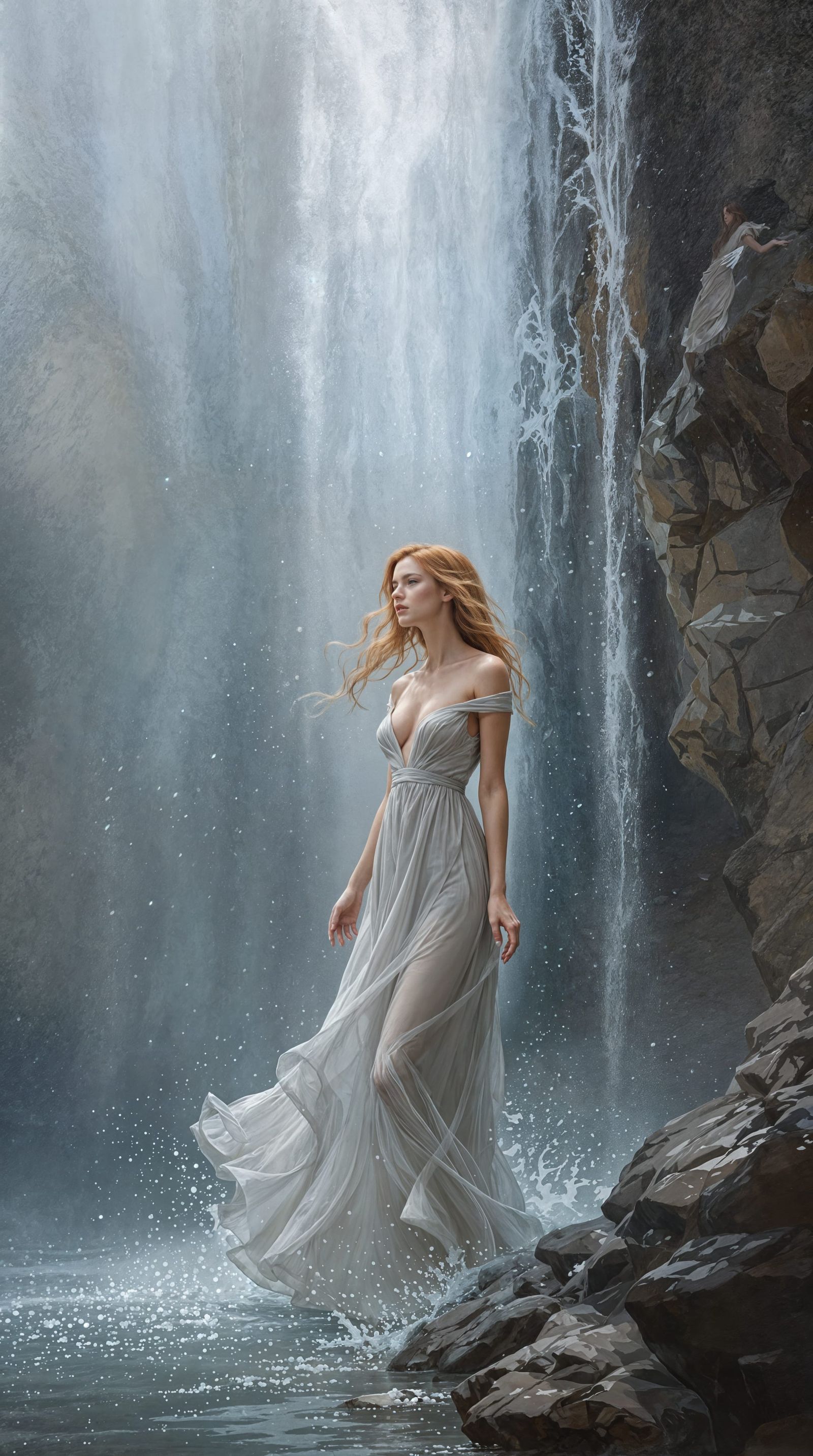 Misty Waterfall Goddess in Soft Impressionistic Style