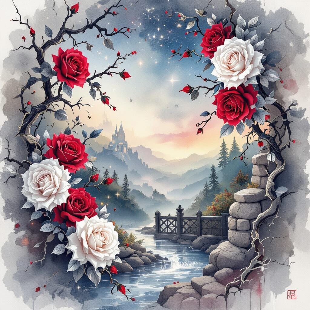 Watercolor Roses with Maple Branches: Double Exposure