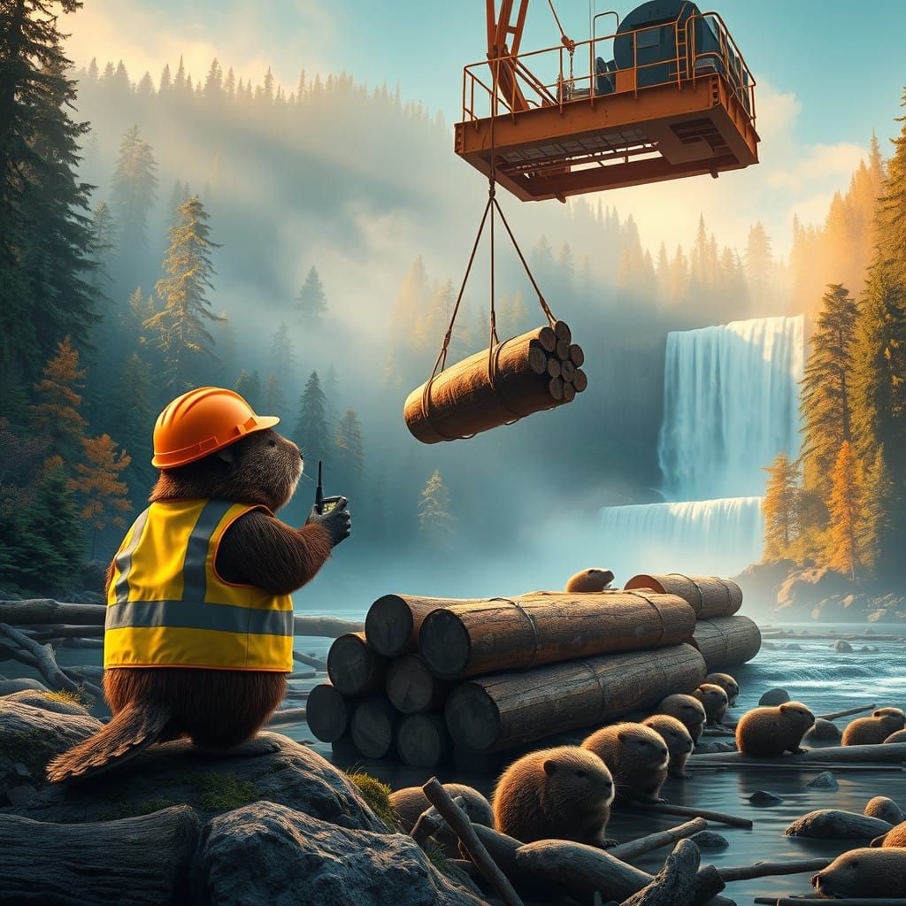 Beaver Construction Team Directs Crane in Vibrant Forest