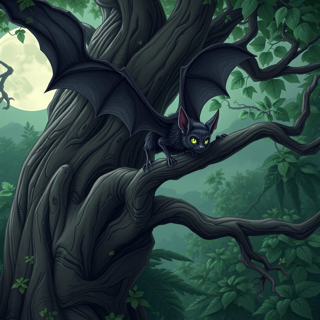 Ancient Tree Dwelling Nocturnal Bat in Emerald Hues