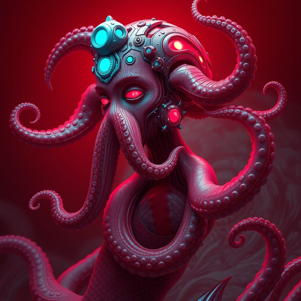Futuristic Mermaid Octopus in Neon Biomechanical Style