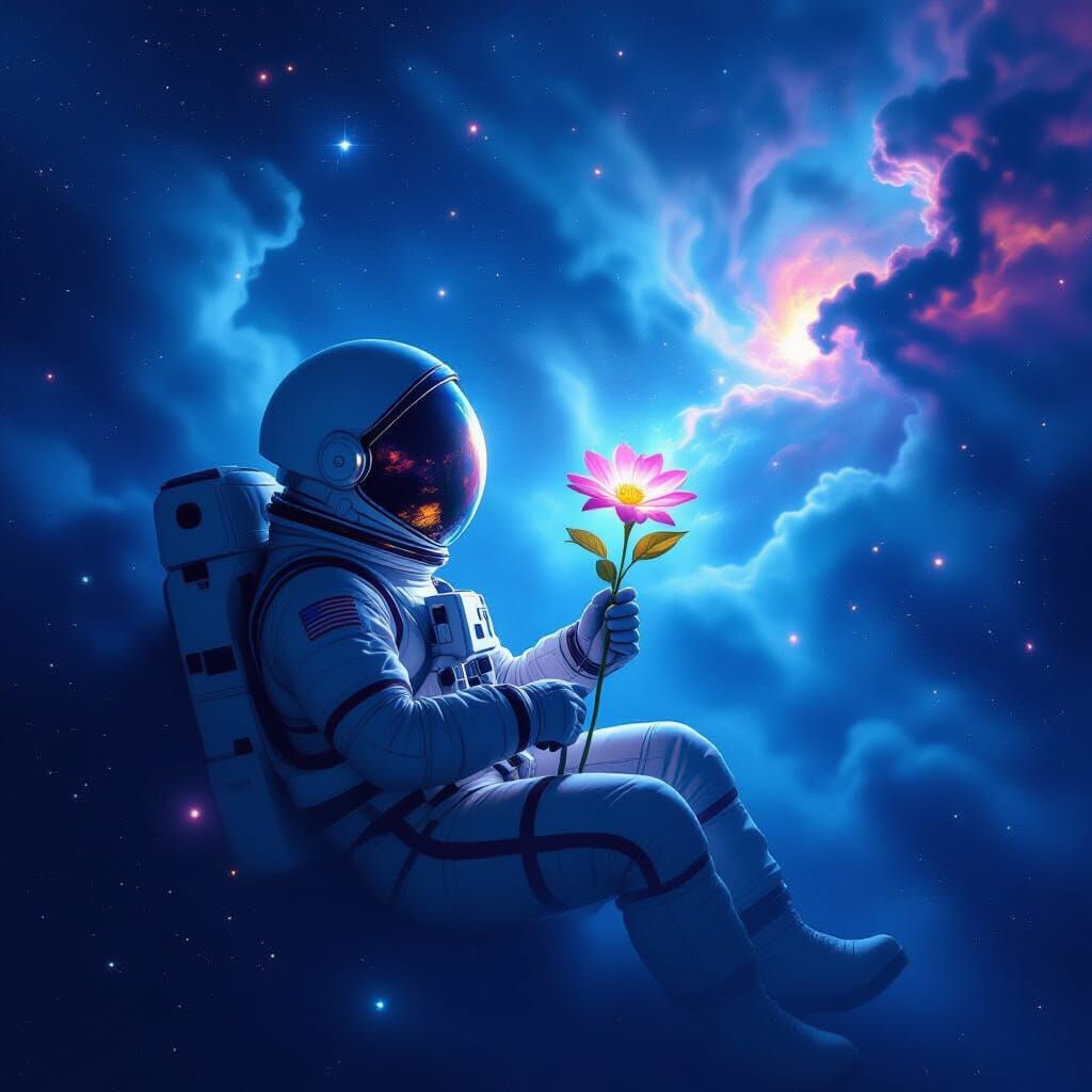 Astronaut in Nebula Holding Glowing Flower