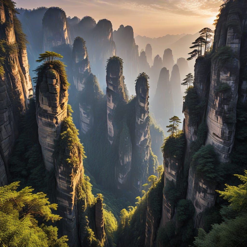 Ethereal Zhangjiajie Forest at Sunset