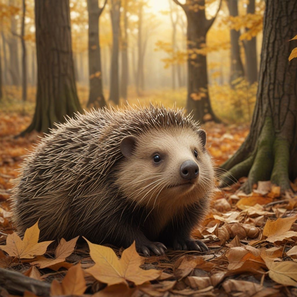 Whimsical Porcupines in Autumn Grove, Golden Hour