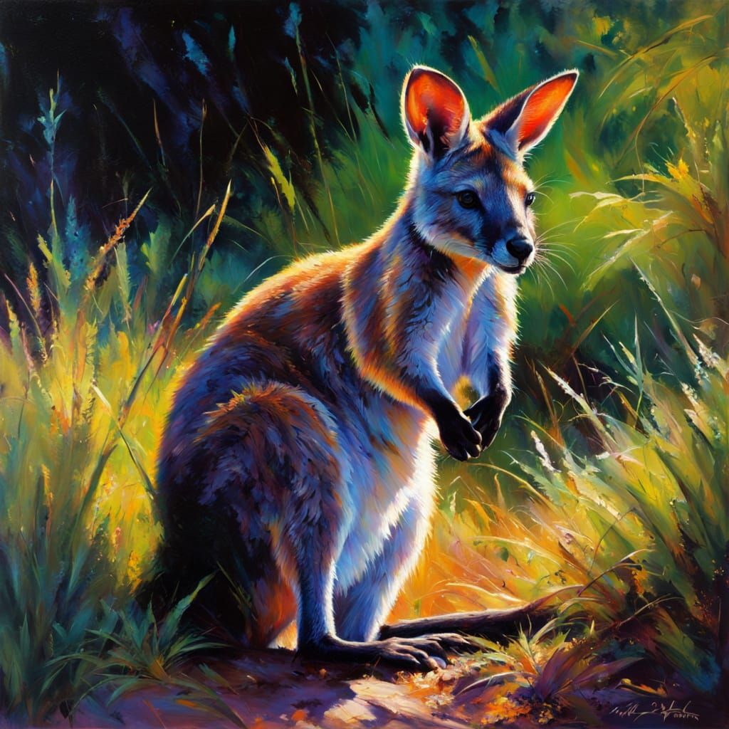 Wallaby in Neon-Lit Bush Landscape