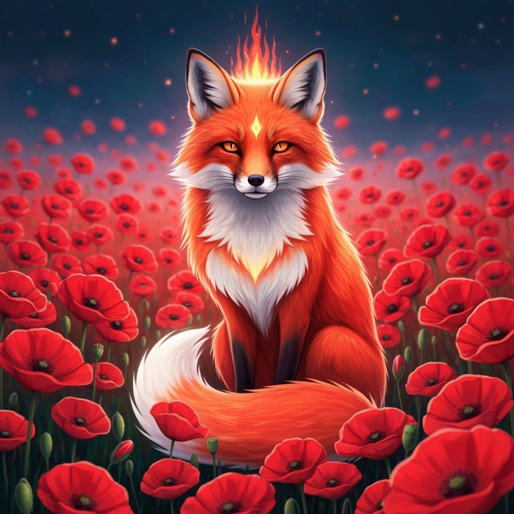 Radiant Red Fox in Poppy Field, Digital Art