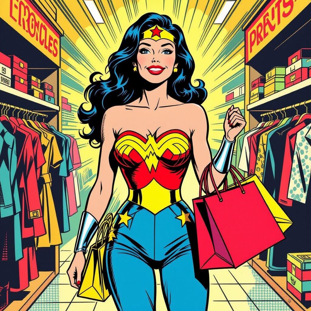 Wonder Woman Shopping for Pants in Retro Comic Style