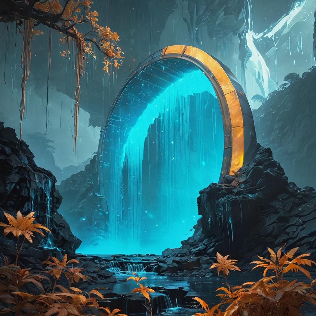 Galactic Portal Waterfall in Glitchcore Biopunk Style