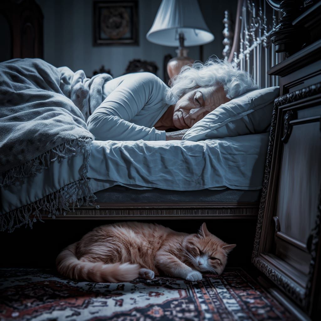 Ethereal Scene of Slumbering Woman and Cat in Moody Bedroom