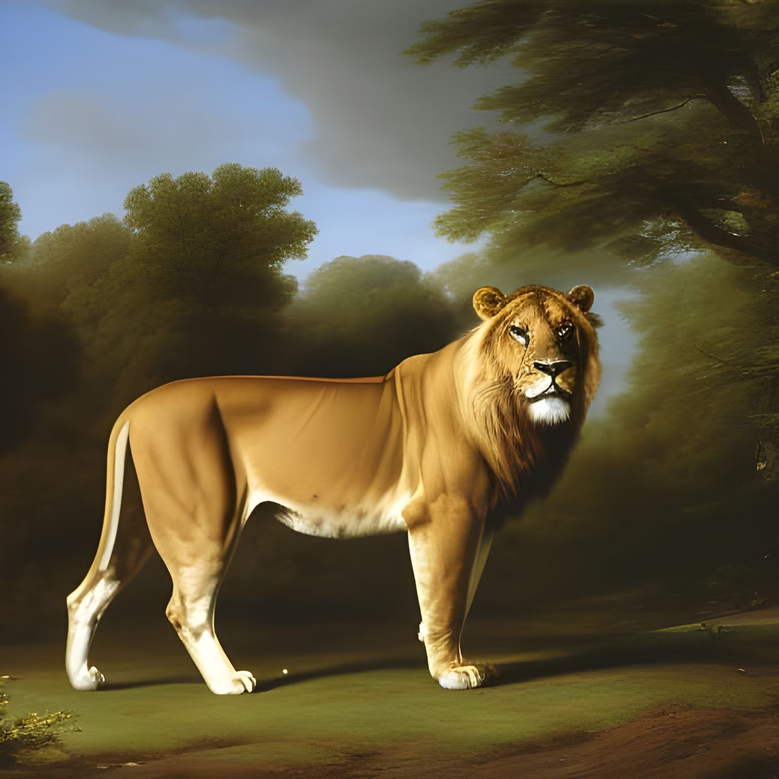 Lion in an African Landscape: Oil Painting