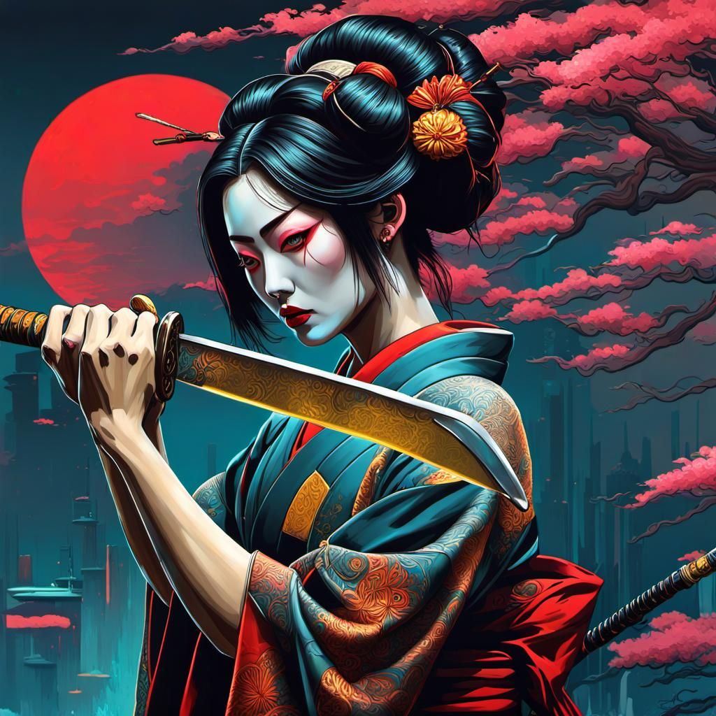 Ethereal Geisha in Neon Dreamscape