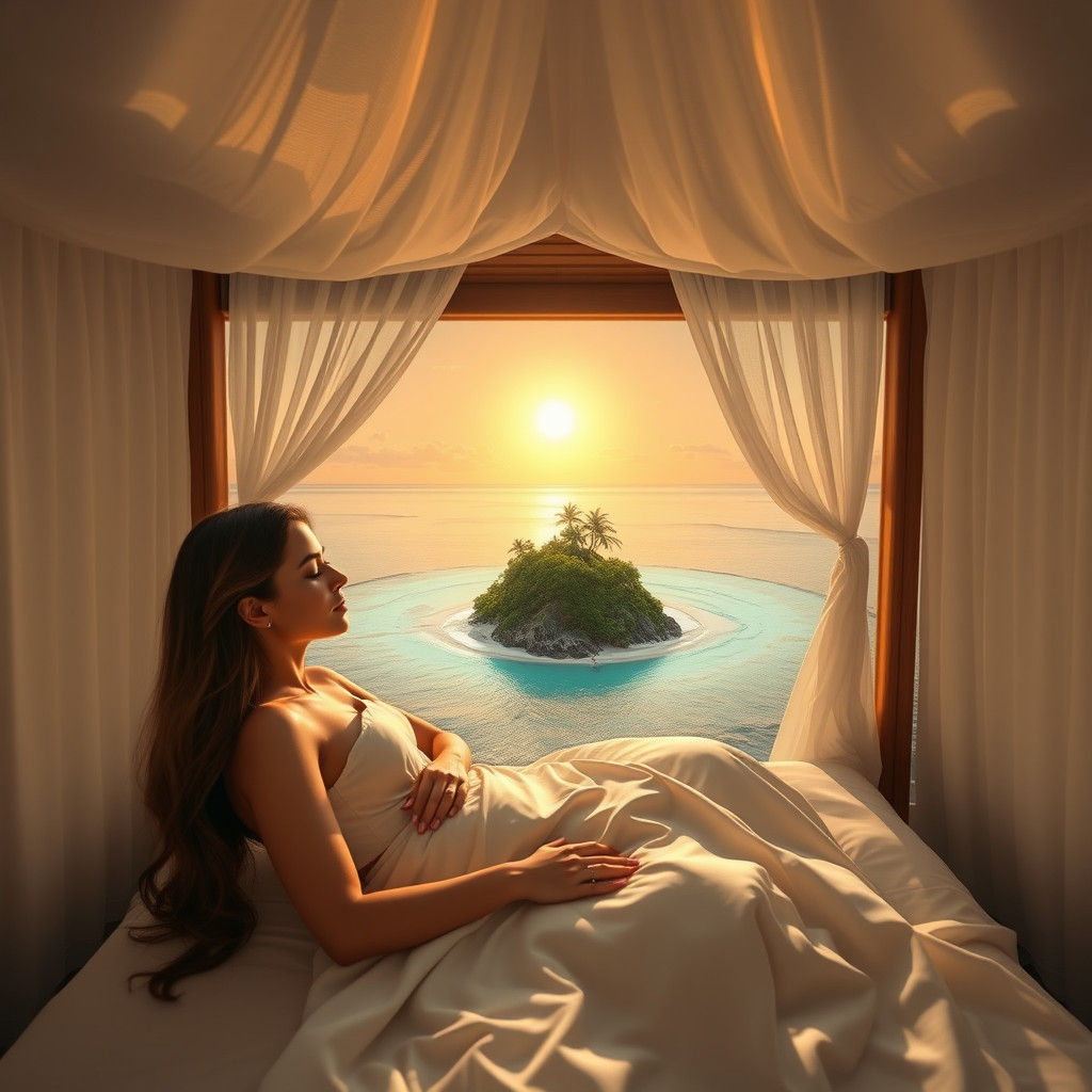 Sultry Hyperrealistic Woman Waking Up on a Tiny Island Parad...