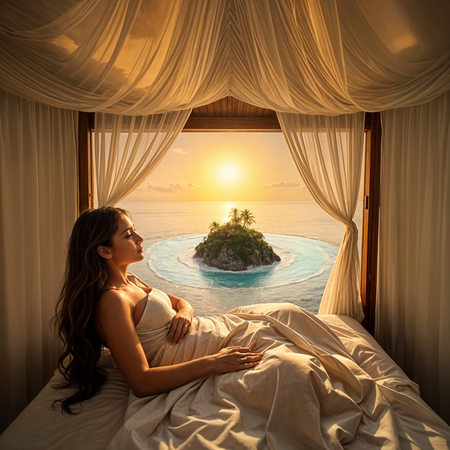 Beautiful Woman Wakes on Tropical Island Paradise