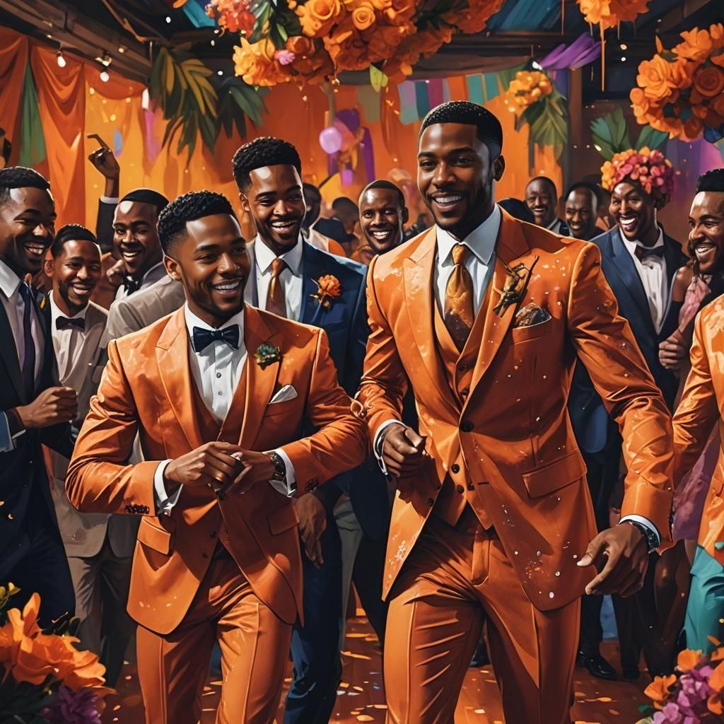 Dashing Groomsmen in Orange Suits Dance at the Wedding Recep...