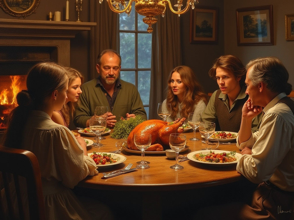 Family Gathers Around a Golden Thanksgiving Feast in 19th Ce...