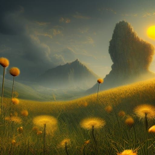Surreal Summer Landscape with Dandelions in Deep, Vibrant Co...