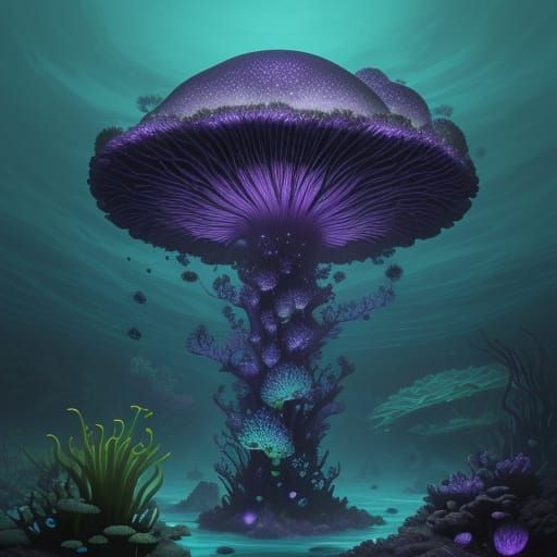 Bioluminescent Aquatic Mushroom in Foggy Waters