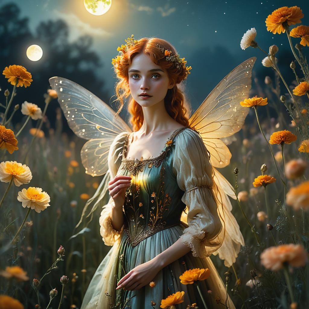 Ethereal Fairy in Whimsical Pre-Raphaelite Landscape