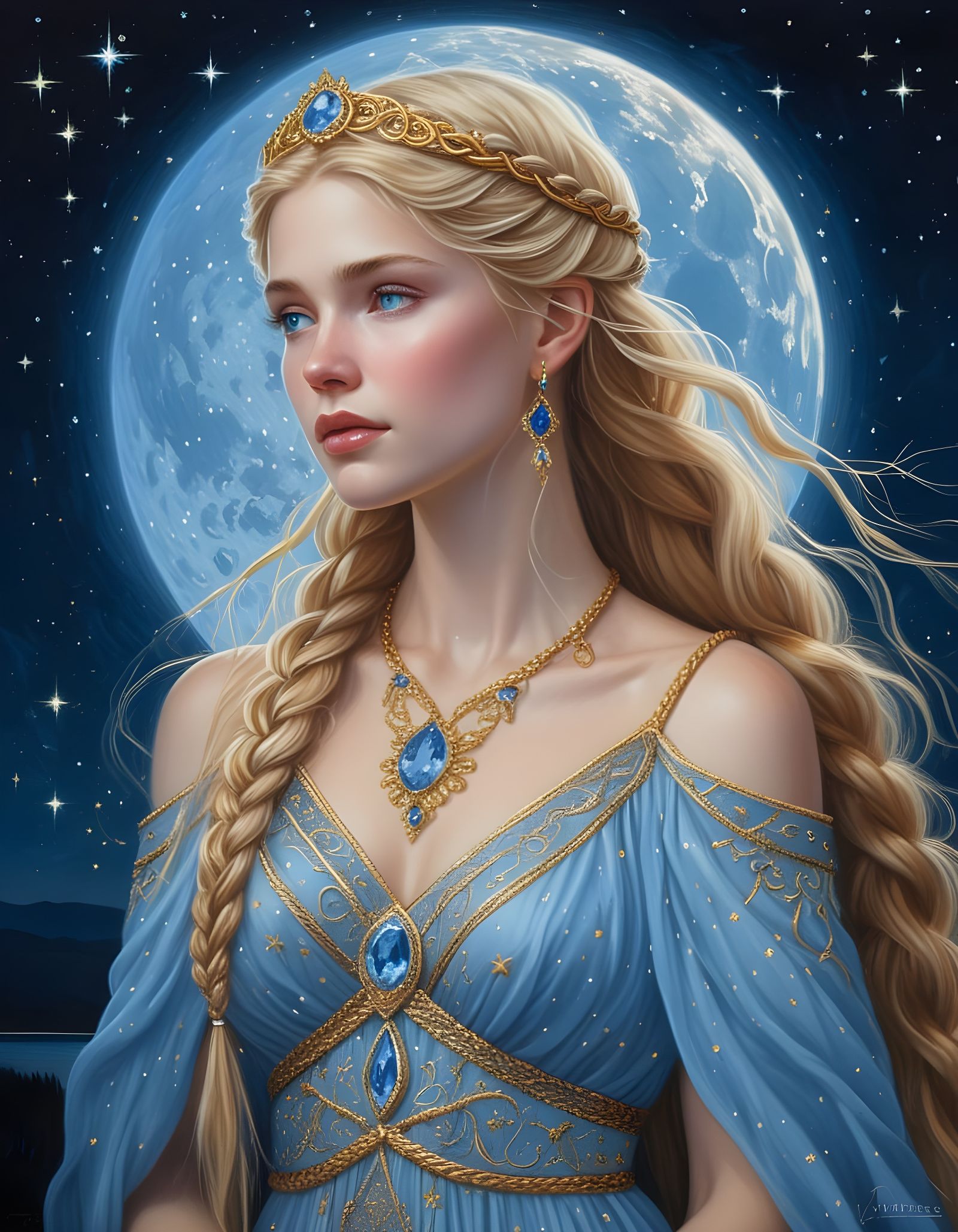 Norse Goddess Under Midnight Stars in Oil Painting