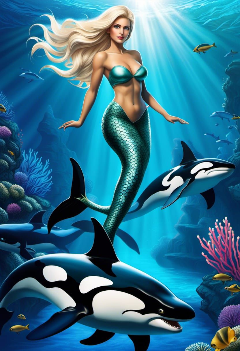 Pretty, blonde mermaid swimming with baby orcas