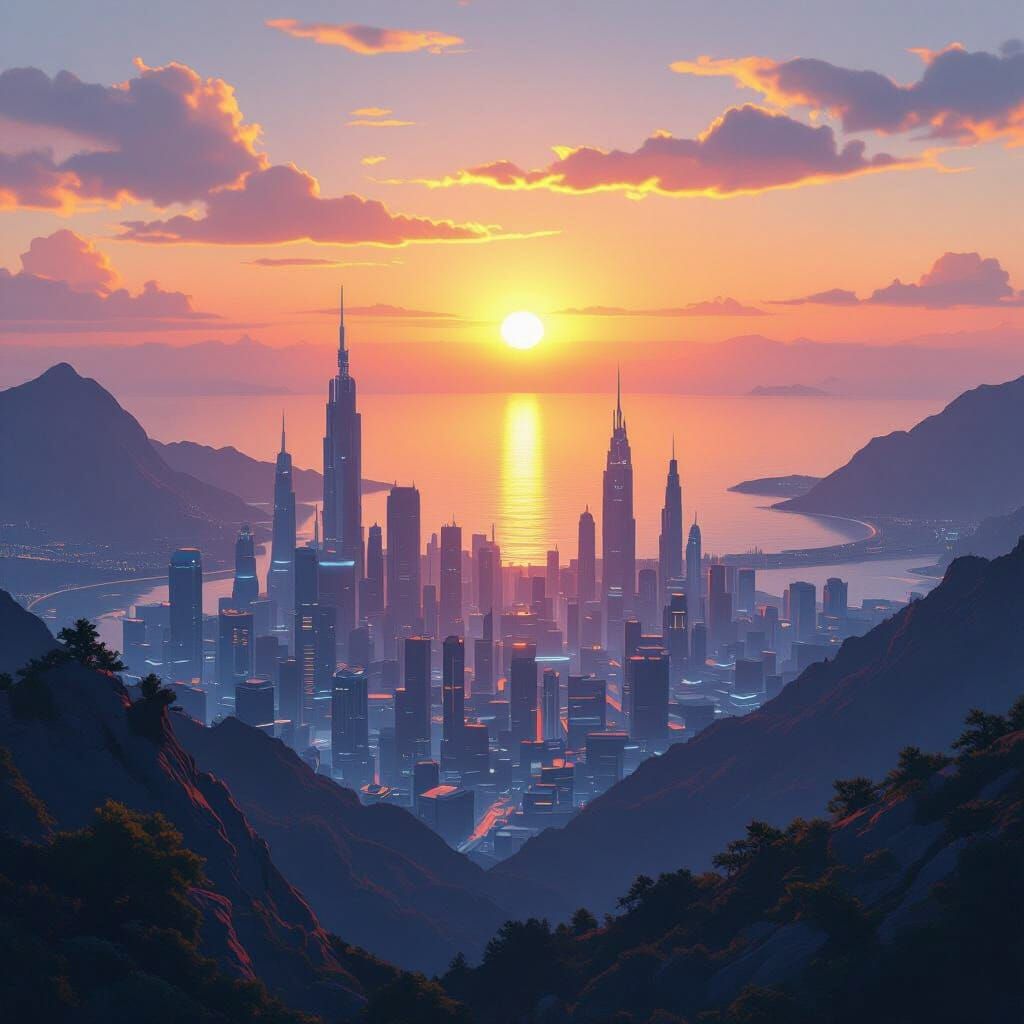 Cyberpunk City Sunset from Mountain Viewpoint